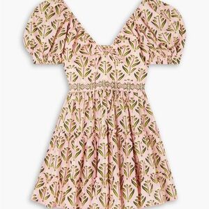 Agua by Agua Bendita Tan and Pink Smocked Puff Sleeve Mini Sundress